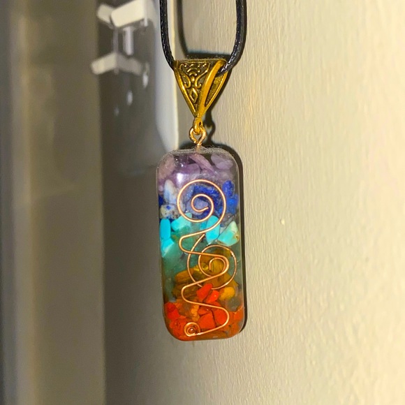 Orgonite & Mixed Gemstone Chakra Pendant Necklace On Black Cord - Picture 5 of 8